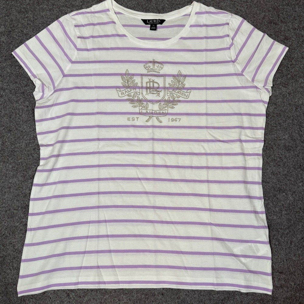 Lauren Ralph Lauren Womens XL Purple Striped Rhinestone Crest Graphic Tee Shirt